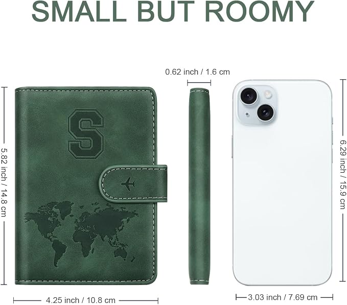 Passport Holder Wallet Cover Personalized Initial Travel Essentials | Embossed Letter A-Z Design, Travel Wallets, RFID Blocking, Passport Book Holders, Women and Men, Personalized Gifts, Green-S