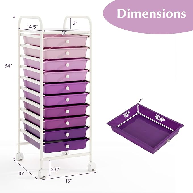 GLACER 10 Drawers Rolling Cart, Storage Cart with w/Removable Drawers & Steel Frame, Utility Mobile Trolley w/Universal Casters & 2 Brakes, Organizer Cart for Home, Office (Purple Gradient)