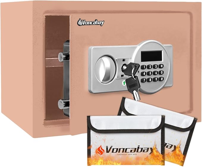 Voncabay Money Safe Box for Home with Digital Keypad, 0.8 Cu. Ft., Khaki | Alloy Steel, 2 Fireproof Bags, Digital Keypad with Display, Removable Shelf, Fits A4, 13.8 x 9.85 x 9.85 In.