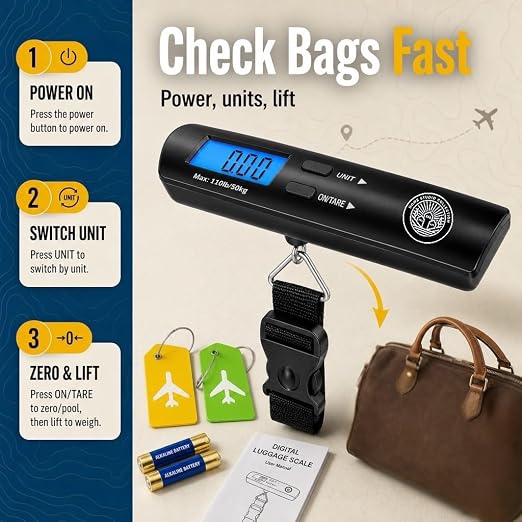 Digital Luggage Scale, Backlit LCD, 110lb, Hook | Handheld hanging suitcase scale, tare function, auto shut-off, battery included, 2 bonus luggage tags, secure locking hook