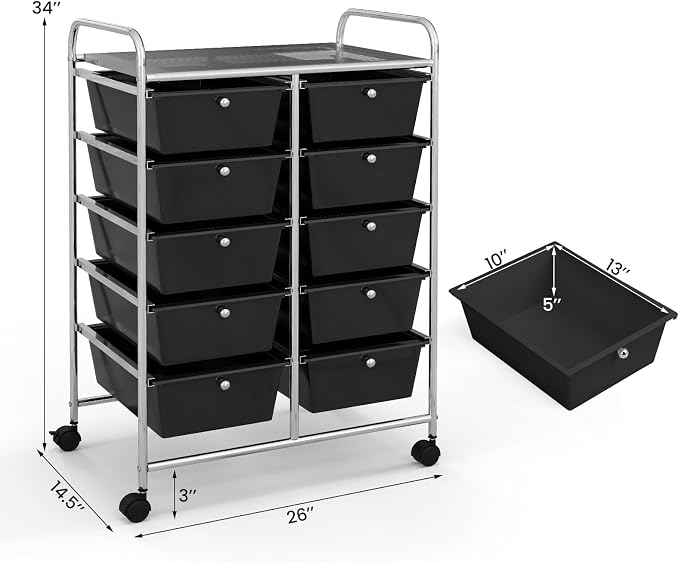 BECOMFORT 10-Drawer Rolling Cart with Drawers, Storage Cart on Wheels, Teacher Classroom Organizers with Metal Frame, Mobile Craft Cart, Trolley Utility Cart for School Office Play Room