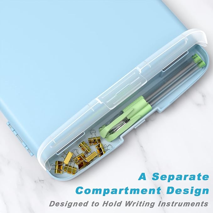 Rimilak Clipboard with Storage, 8.5 x 11'' High Capacity Clip Board, Blue | Smooth Writing, Side-Opening Plastic Folder with Pen Holder, Size 14.2 x 9.6 x 1.2″ ,for Classroom, Teacher, Student