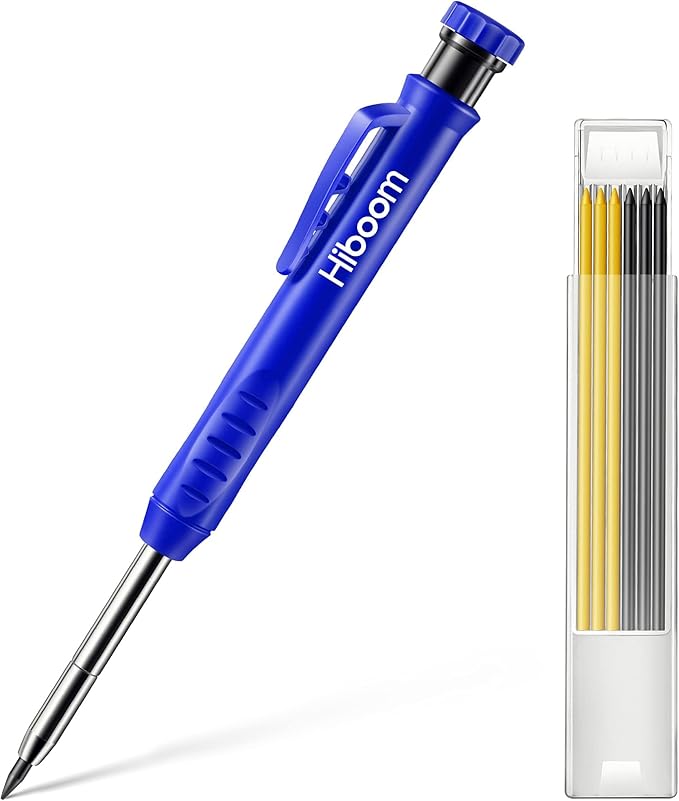 Hiboom Mechanical Carpenter Pencil with 7 Leads, Deep Hole Marker, Blue | Built-In Sharpener, Long Nose Construction Pencil, Pocket Clip Design, Woodworking Tools, Marks on Various Surfaces
