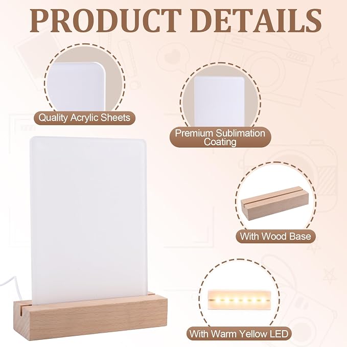 2 Pack 5" x 7" sublimation led acrylic photo frames night lights blanks heart shape,with Warm Color Light with Wood Stand for Heat Press Machine Printing