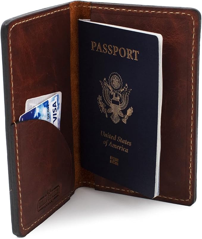 Leather Passport Holder for Men | Made in USA | 3.5" x 5.5" Field Notes Cover | Tobacco Snakebite