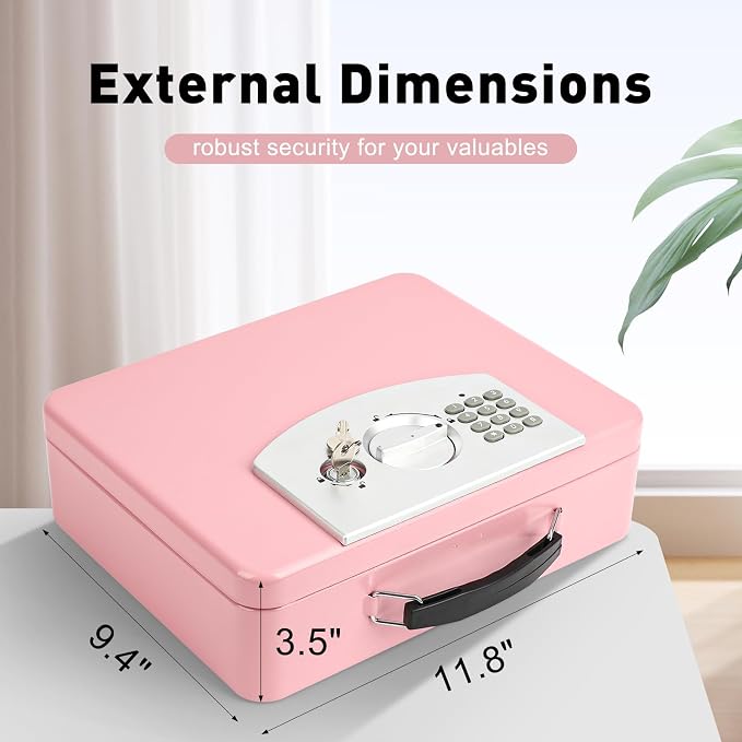 KYODOLED Pink Safe Box with Digital Keypad Lock, Lock Box with Code for Personal Items, Metal Security Box for Cash, Passport, Jewelry, Ideal for Home, Office, Garage Sale, 11.8'' x 9.4'' x 3.5''