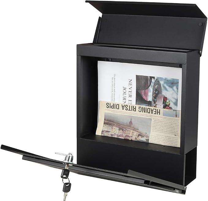 Jssmst Locking Mailbox Wall Mount- Waterproof mailboxes with Secure Key Lock and Newspaper Compartment, Key Lock Drop Box Extra Large Capacity, 12.9 x 4.1 x 14.2 Inch, Black, SM-HPB933 New