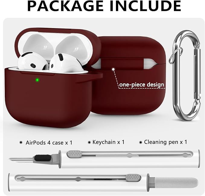 Ljusmicker for AirPods 4 Case 2024 with Cleaner Kit,Soft Silicone Protective Cover for Apple AirPods 4th Generation Cases for Women Men,for AirPod 4 Case Accessories with Keychain-Wine Red