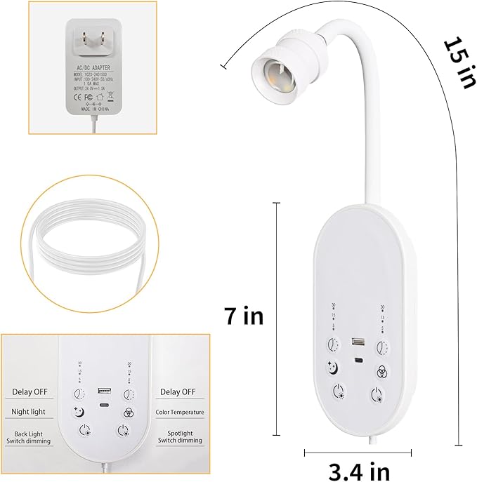 LED Wall Mounted Reading Light for Bed, Book Light for Reading with Touch Control, Stepless Dimmable, Flexible Gooseneck Bed Light with USB C+A, Night Light & Timers Function (White)