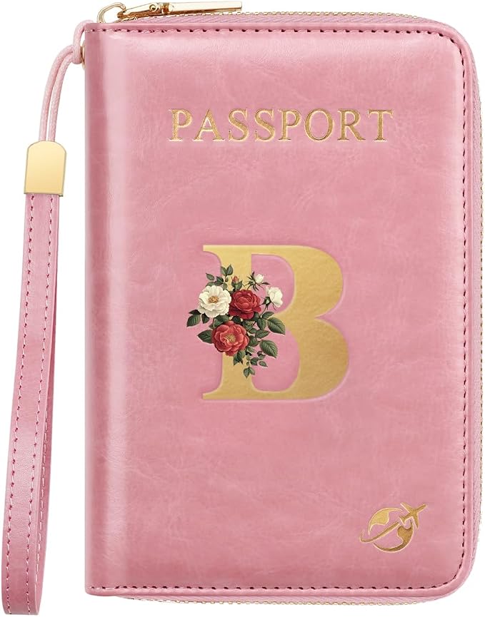 Passport Holder for Travel Personalized Wallet with Wristlet Women | All-in-One Passport Cover, RFID Blocking, Back Coin Pocket, Paper Money Slot, Zipper Closure, Roses Initial Letter, Pink B