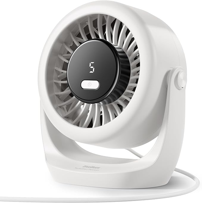 Diveblues USB Desk Turbo Fan, Ultra-Quiet Mini Desk Fan, Powerful Wind, LED Display, 5 Speed, 360° Rotating Small Portable Fan for Home, Office and Outdoor Cool Tech Gadgets - TurboBreeze