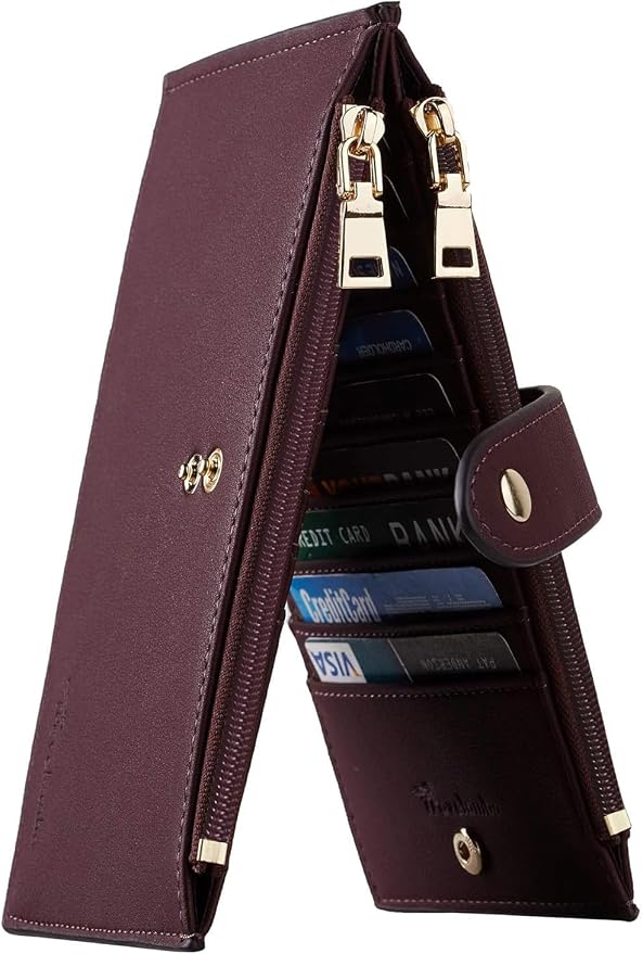 Travelambo Womens Leather Bifold Wallet, Slim RFID Blocking Card Holder | Large Capacity, 16 Card Slots & ID Window, 2 Zipper Pockets, Dual Snap Closure, Slim Lightweight, RFID Privacy Protection