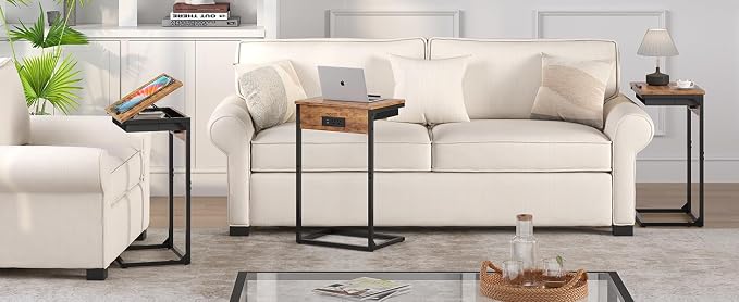sthmec C Shaped End Table with Charging Station, 45° Tiltable Adjustable Flip Top Table with Storage,Small C Table for Small Spaces,Slide Under Couch Sofa Bedside Table for Living Room,Rustic Brown