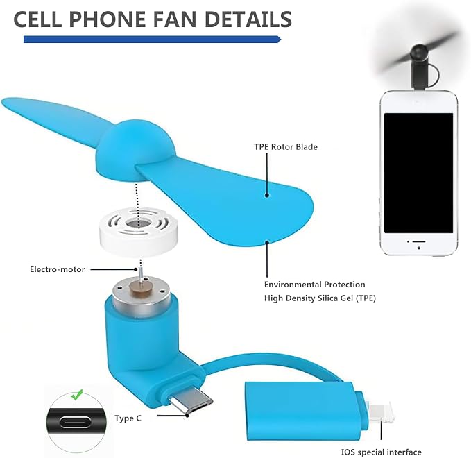 JORMEY 4 Pack Mini Cell Phone Fan, 2 in 1 Portable Cellphone Fan Pocket Fans Travel Fans Fast Cooling for Summer Outdoor, for Android Phone/Type-C Interfaces