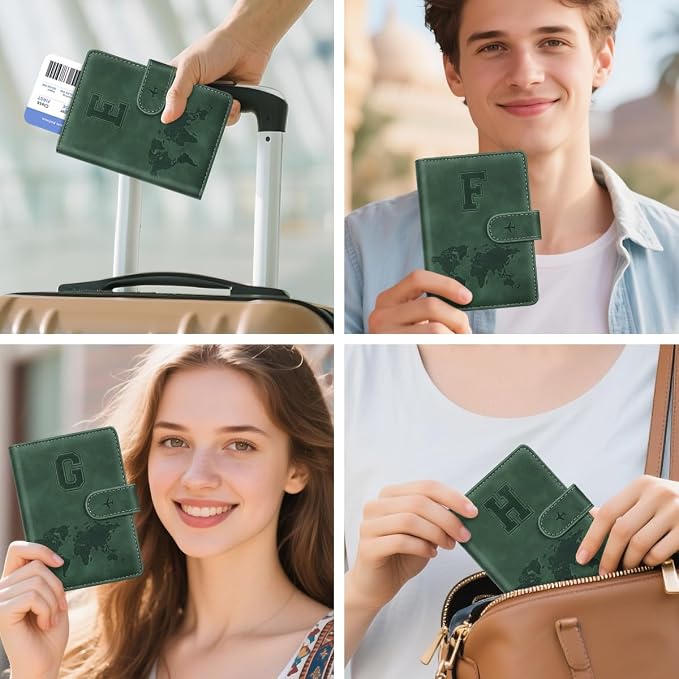 Passport Holder Wallet Cover Personalized Initial Travel Essentials | Embossed Letter A-Z Design, Travel Wallets, RFID Blocking, Passport Book Holders, Women and Men, Personalized Gifts, Green-H