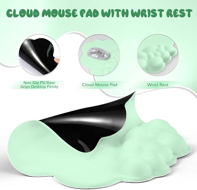 Gaming Mouse Pad Wrist Rest,Ergonomic Cloud Wrist Rest Mousepad with Gel Memory Foam,Non-Slip Rubber Base,Comfortable Mouse Pad for Home Office,Laptop,Mac,Lightweight,Easy Pain Relief (Light Green)