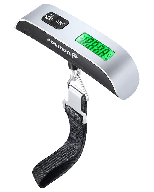 Fosmon Digital Luggage Scale, 110lbs Suitcase Baggage Scale, 1 Pack Silver | LCD Backlight Display, Temperature Sensor, Tare Function, Stainless Steel Heavy Duty, Hanging Suitcase Scale