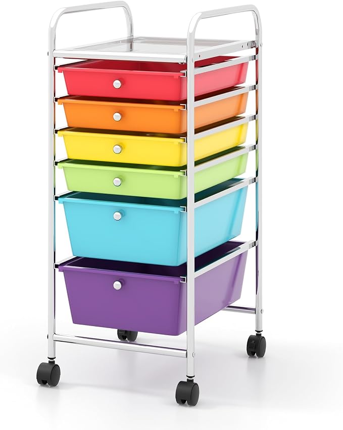 COSTWAY 6-Drawer Rolling Storage Cart, Art Craft Tools Organizer on Wheels | Multifunctional Heavy Duty Utility Mobile Storage Trolley w/ 2 Lockable Wheels for Home Office School (Multi-color)