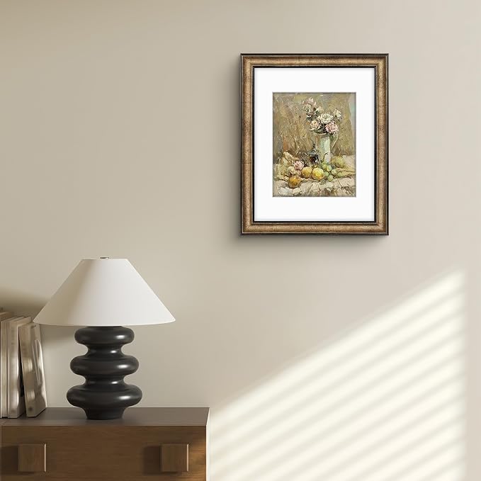Golden State Art, 11x14 Photo Frame with Mat for Pictures 8x10 and Real Glass (Dark Gold Brown & Bronze Pewter Panel with White Color Mat, 1.25 Inch Frame Border)