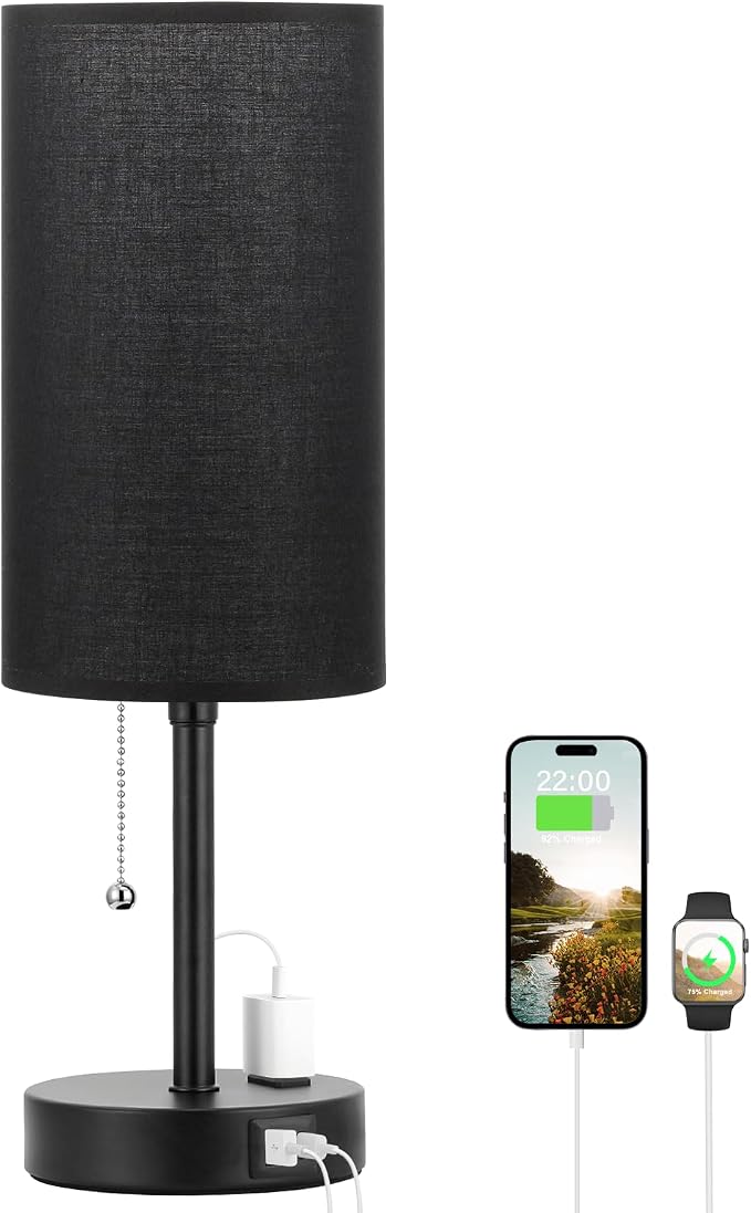 17in Bedside Table Lamp for Bedroom, Desk Lamp with USB Ports for Dorm | 17" Night Stand Lamp, USB A+C Ports, AC Outlet, 3 Color Temperatures, LED Bulb Included, Black Fabric Shade, Matte Black Base