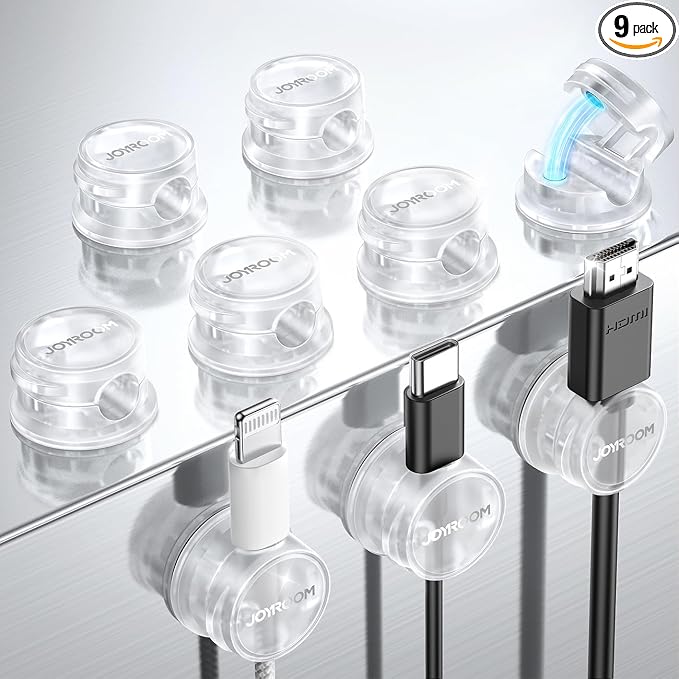 9 Pack Magnetic Cable Clips [Cable Smooth Adjustable] Cord Holder, Under Desk Cable Management, JOYROOM Adhesive Wire Holder Keeper Organizer for Home Office Desk Phone Car Wall Desktop Nightstand