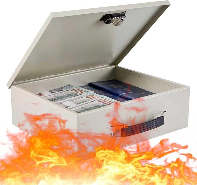 Fireproof Document Lock Box, Large Safe Storage Box for Valuables,Fire Resistance Security Chest, Fireproof Box for Documents,Passport, Cash 13.2''x 11''x4.1", White