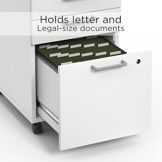 Union & Scale Mobile Pedestal File Cabinet, 3-Drawer, White, Wheels | Rolling letter/legal storage for office and everyday document use.