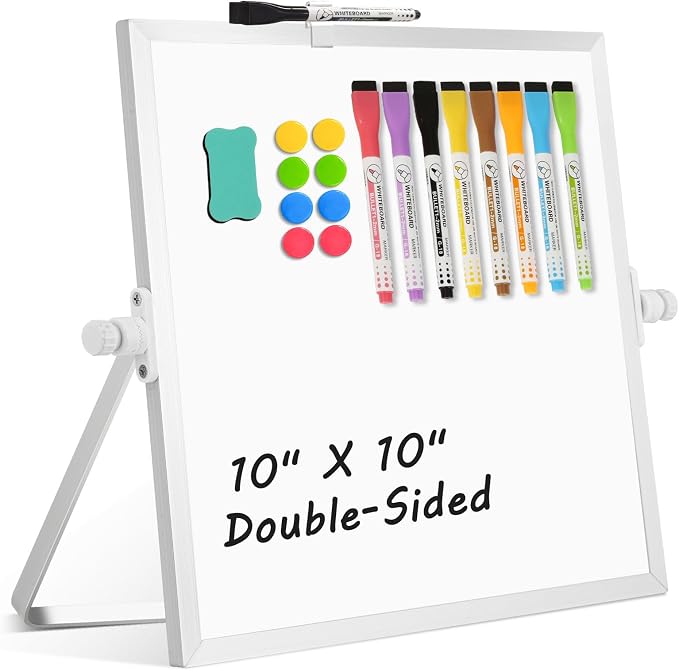 Double-Sided Magnetic White Board with Stand, 10" x 10" | Dry Erase Board with Stand, Desktop Whiteboard Easel , Portable Small White board dry erase for Drawing, Office, Home