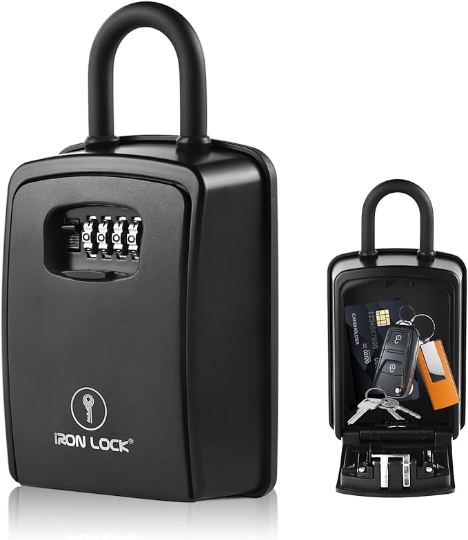 Iron Lock® XXL Portable Key Lock Box, U-Shackle 4-Digit Code (XXL, Black) | Holds 20-30 keys plus fobs, cards & remotes; unique built-in tray; weather resistant; wall-mount hardware included