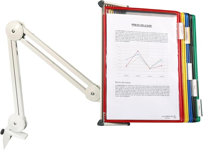 Tarifold Swing Arm Reference Display System, 10 Pockets, Assorted Colors | Adjustable swing arm with table clamp, 360-degree swivel design, 10 double-sided pockets, holds 20 letter-size sheets
