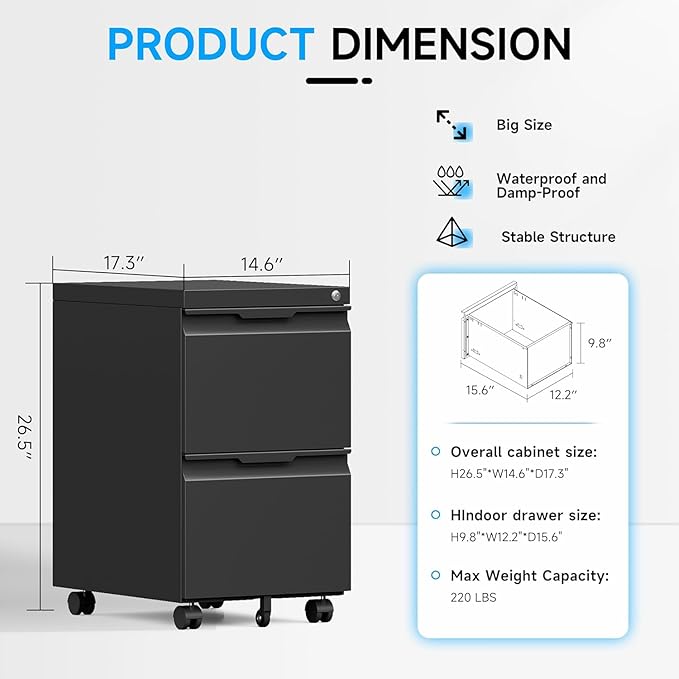 2 Drawer Mobile File Cabinet with Lock, Rolling File Cabinet with Wheels | Metal Small Filing Cabinet with Wheels for Home Office Storage, Fits Legal/A4/Letter/Document Size, Required Assembly, Black