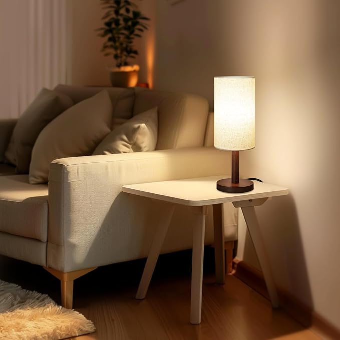 LALISU Small Table Lamp Nightstand Lamp Linen Lampshade Bedroom Wood Base Small Bedside Lamp for Night Stands, Desk Lamps for Reading Living Room, Office (LED Bulb Included) (Black-Walnut Wood（2）)
