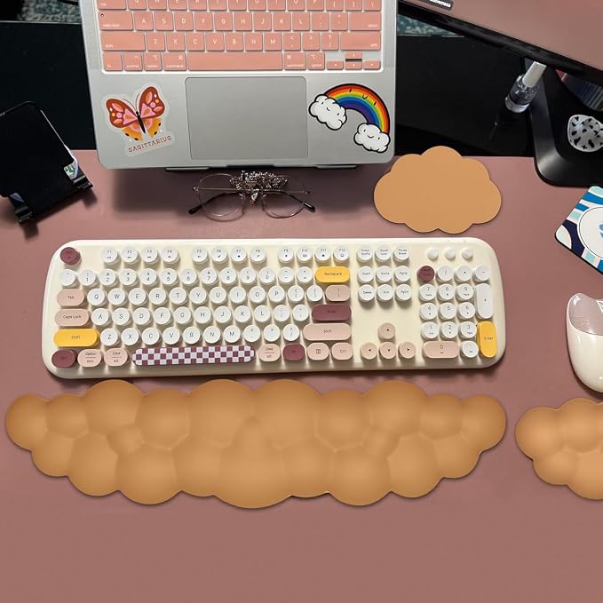 JIKIOU Upgrade Leather Cloud Wrist Rest for Keyboard and Mouse & Cup Pad | Wish Gift-Cute Cloud Shape, Comfortable and don’t Irritate to Skin, Non-Slip PU Base,Soft Memory Foam filled for Pain Relief
