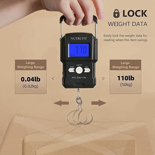 NUTRI FIT Luggage Scale Digital Suitcase Weighing Fish Portable for Travel | 2-Stage Precision, Max 110lb, Smart Tare, Backlit LCD, Lock Data, Handheld, Weight Suitcase with Hook, Travel, Fishing, Gifts