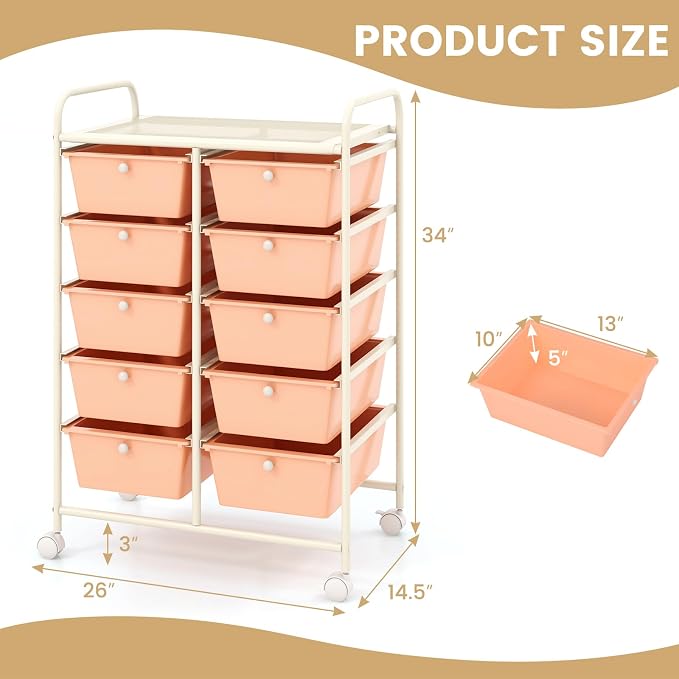 COSTWAY 10 Drawer Rolling Storage Cart, Utility Cart with Lockable Wheels | Mobile Art Supply Craft Organizer with Metal Frame, Multipurpose Drawer Cart for Paper for Office, School, Peach