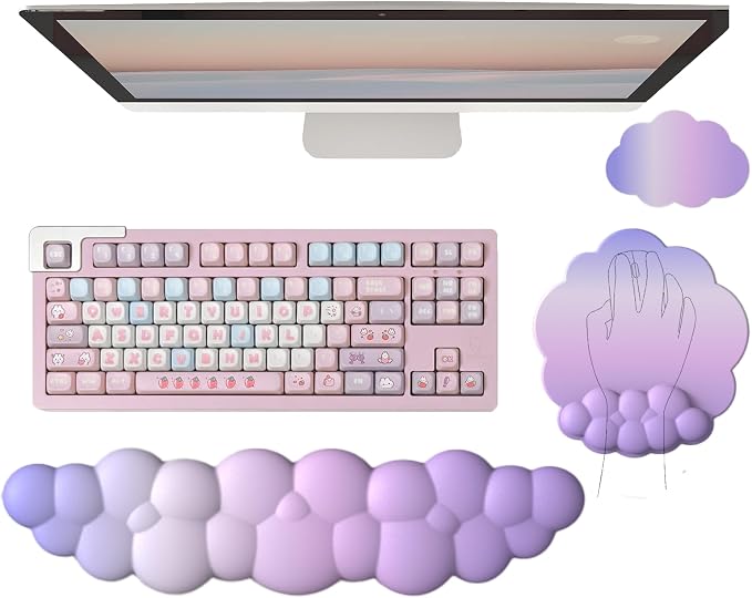 Cloud Keyboard Wrist Rest Purple Mouse Pad with Wrist Rest for Computer Keyboard and Mouse Pad Set Memory Foam PU Base Cute Ergonomic Wrist Pad Support for Gaming Desk Laptop Home Office Pain Relief