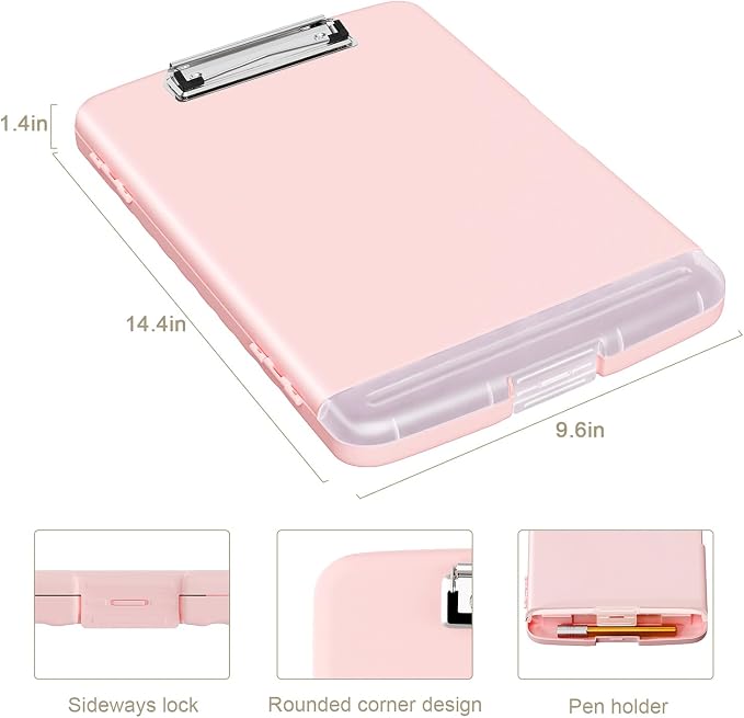 Piasoenc Clipboard with Storage, 8.5 x 11 Clip Board with Pen Holder, Pink | High Capacity, Heavy Duty Plastic Organization Box for A4 Legal Paper Folder, Folio & Side-Opening Nurses, Teachers, Student
