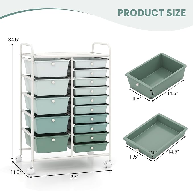 BECOMFORT 15-Drawer Rolling Cart with Drawers, Storage Cart on Wheels, Teacher Classroom Organizers with Metal Frame, Mobile Craft Cart for Tools, Trolley Utility Cart for School Office Play Room