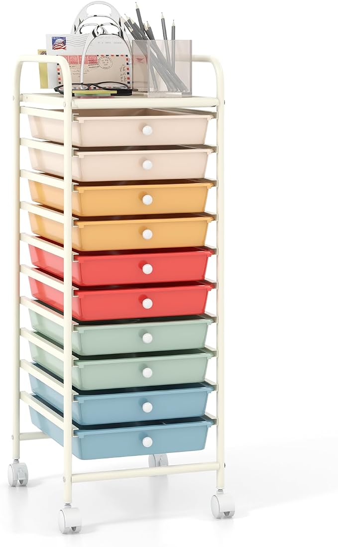 COSTWAY 10-Drawer Rolling Storage Cart, Utility Mobile Trolley | Removable Drawers & Universal Casters & 2 Brakes, Versatile Flexible Drawer Organizer Cart for Home, Office (Macaron)