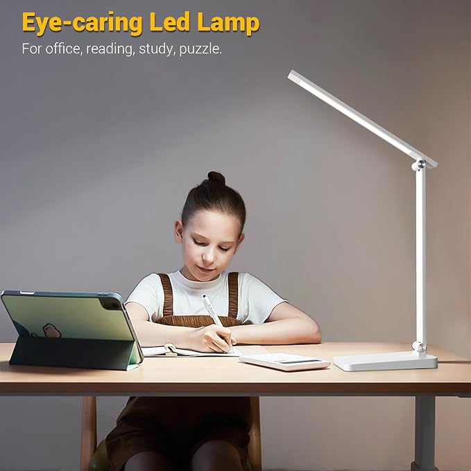LED Desk Lamp for Home Office, 3 Levels Dimmable Desk Light with USB Charging Port, Reading Lamp for Table Study Work Office Nail Craft Puzzle, White, 5000K