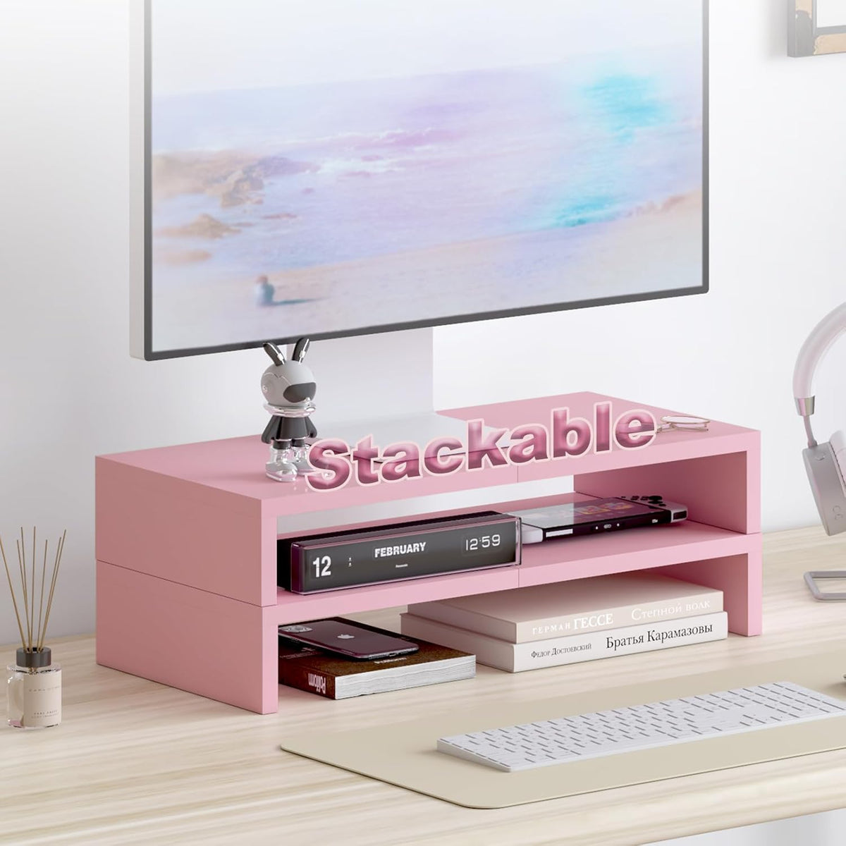 TEAMIX 2 Pack Pink Monitor Riser-20L inch, Cute Monitor Stand for Desk, Wood Sturdy TV/Screen/PC/Printer/Laptop Riser, Computer Shelf with Storage Desktop Organizer for Home Office