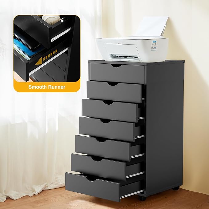OLIXIS 7 Drawer File Cabinet, Printer Stand with Storage Cabinet | Wood Under Desk Storage Organization Holds Printer, Office Supplies, Not For Hanging Files, Fit Home Office Black