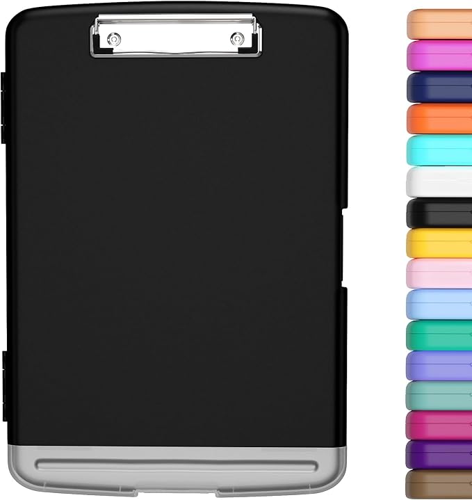 Hongri Clipboard with Storage with Pencil Case, 8.5 x 11 Storage Clip Board | High Capacity Organization Box for A4 Letter Legal Paper, Heavy Duty Folio & Side-Opening for Nurses, Teachers, Black