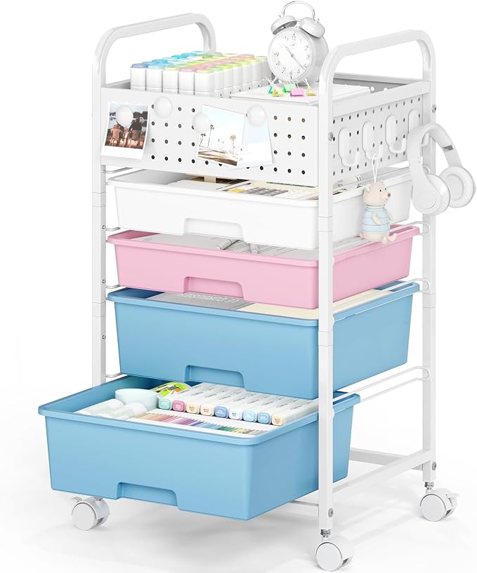 4 Drawer Rolling Storage Cart with Pegboard Top and Hooks, Pink&Blue | Mobile Organizer Cart with Wheels for Office Supplies, Craft Storage, Classroom Organization, Home Utility Cart