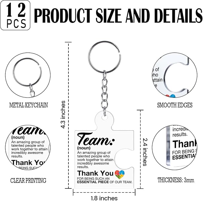 Team Appreciation Gifts Bulk Thank You Keychains for Coworkers | Gift Set for Employee, Staff, Teachers, Teamwork Puzzle Piece Keyring, Acrylic