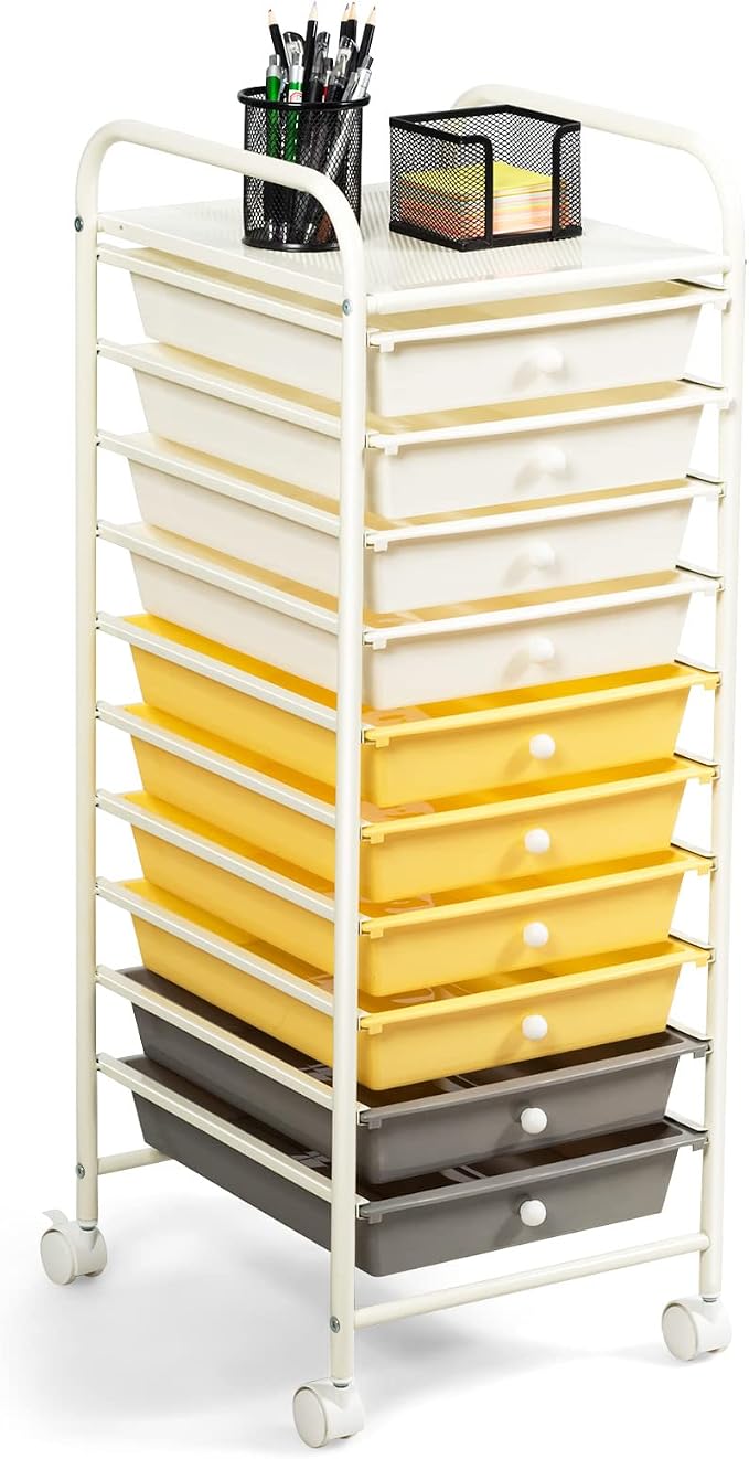 COSTWAY 10-Drawer Rolling Storage Cart, Utility Mobile Trolley | Removable Drawers & Universal Casters & 2 Brakes, Versatile Flexible Drawer Organizer Cart for Home, Office (Yellow)