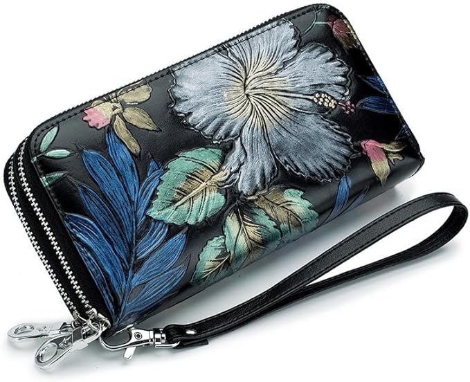 GOIACII Women's Wallet Large Capacity Double Zip Ladies Card Phone Holder RFID Blocking Wristlet Leather