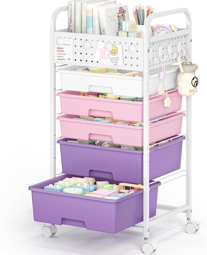 5 Drawer Rolling Storage Cart with Pegboard Top and Hooks, Dreamy Color | Mobile Organizer Cart with Wheels for Office Supplies, Craft Storage, Classroom Organization, Home Utility Cart