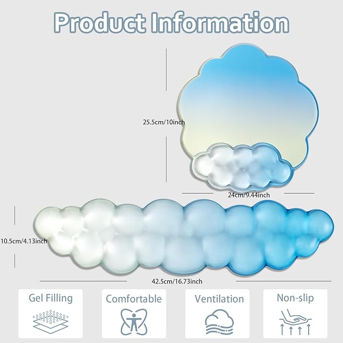 Keyboard Wrist Rest with Cloud Mouse Pad - Gradient Blue Ergonomic Gel Cloud Mouse Pad with Non-Slip Base, Cute Office Accessories for Desktop/Latop/Home/Office