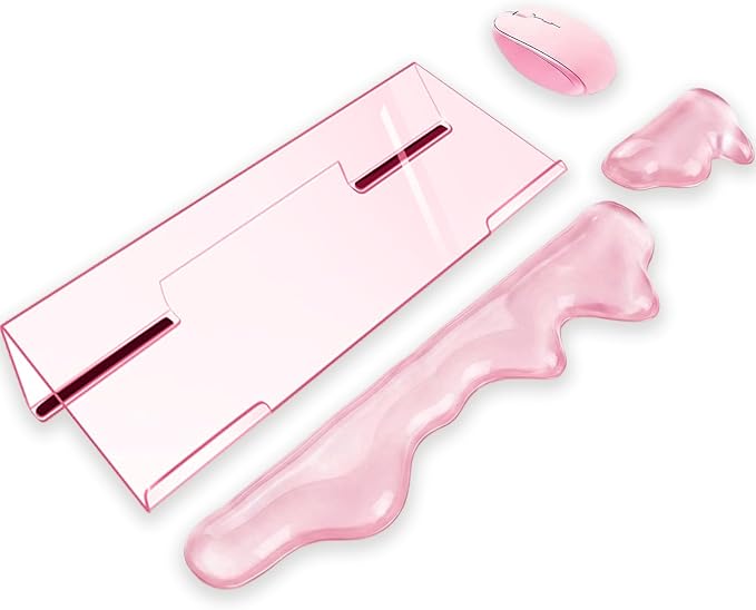 Acrylic Computer Keyboard Stand with Gel Mountain Wrist Rest Keyboard Riser with Comfortable Clear Silicone Mouse Wrist Pad Ergonomic Tilted Transparent Keyboard Holder for Desktop Office Hot Pink